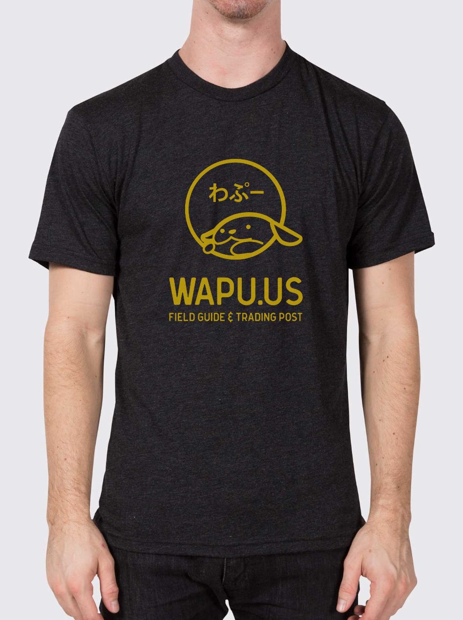 Yellow Wapu.us logo on gray t-shirt