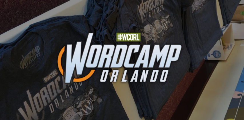 WordCamp Orlando Logo over a table of WordCamp Orlando Shirts from 2017